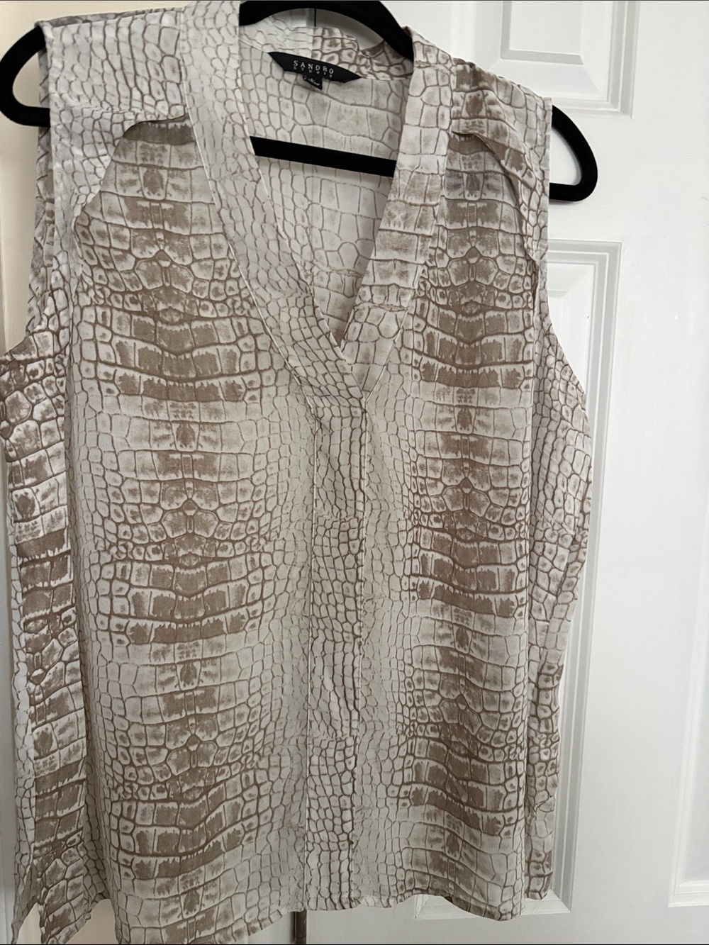 Sandro Beige and Cream Sleeveless V-Neck Crocodile-Print Blouse